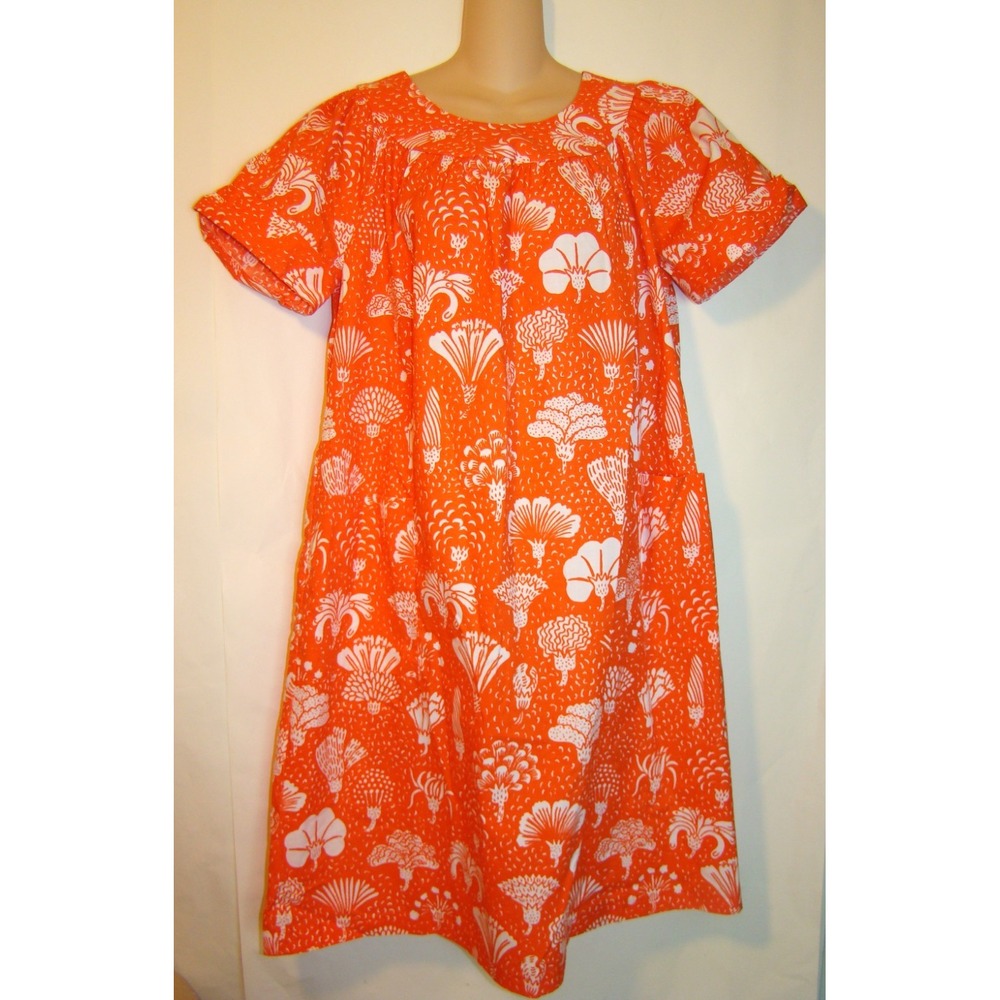 VINTAGE 100% COTTON ORANGE FLORAL MUMU SEARS POCKETS SUMMER HOUSE DRESS  D121